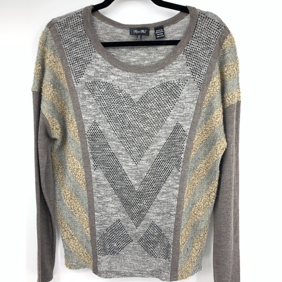 Miss Me Medium Pullover Sweater Mixed Media Sparkle Jeweled Long Sleeve Artsy - Picture 1 of 6